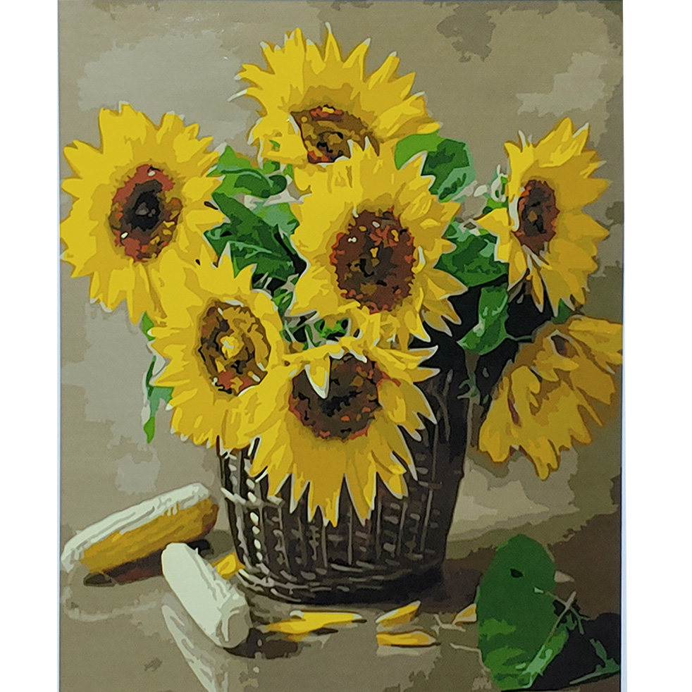 Картина за номерами Strateg ПРЕМІУМ Корзинка з соняшниками з лаком та рівнем розміром 40х50 см (SY6815)