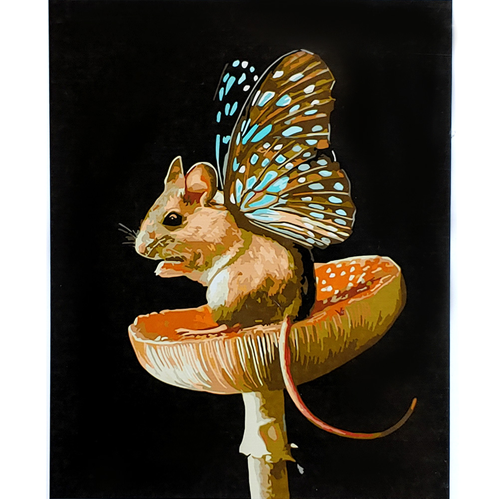 Картина за номерами Strateg ПРЕМІУМ Мишеня на грибочку з лаком та рівнем розміром 40х50 см (SY6873)