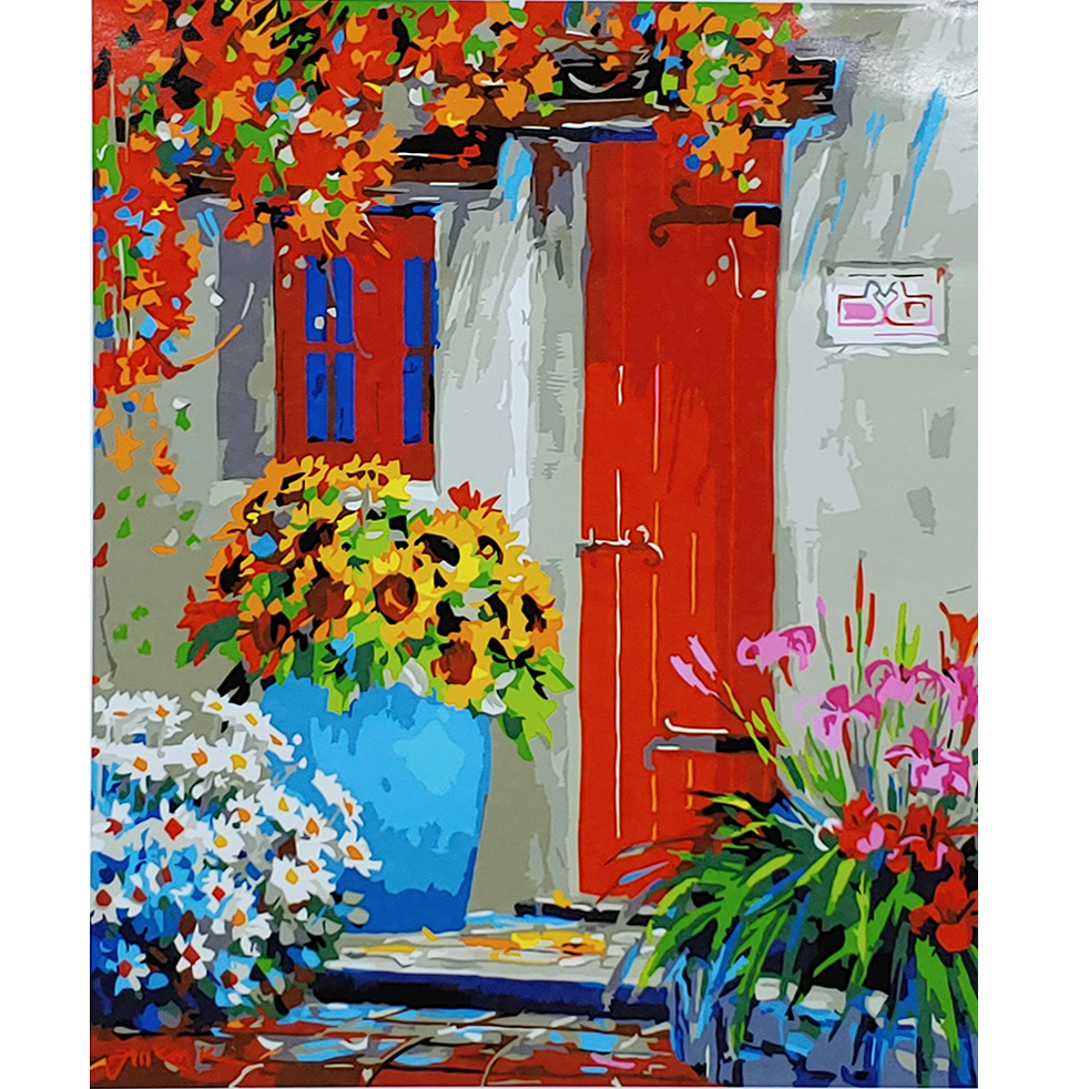 Paint by number Strateg PREMIUM Flowers on the porch with varnish and level size 40x50 cm (SY6924)