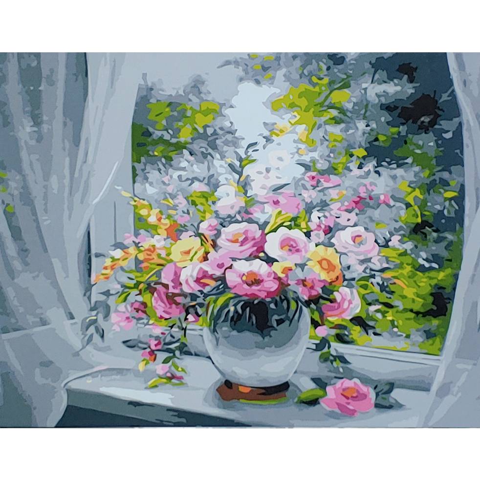 Paint by number Strateg PREMIUM Summer bouquet on a white windowsill size 40x50 cm (GS091)