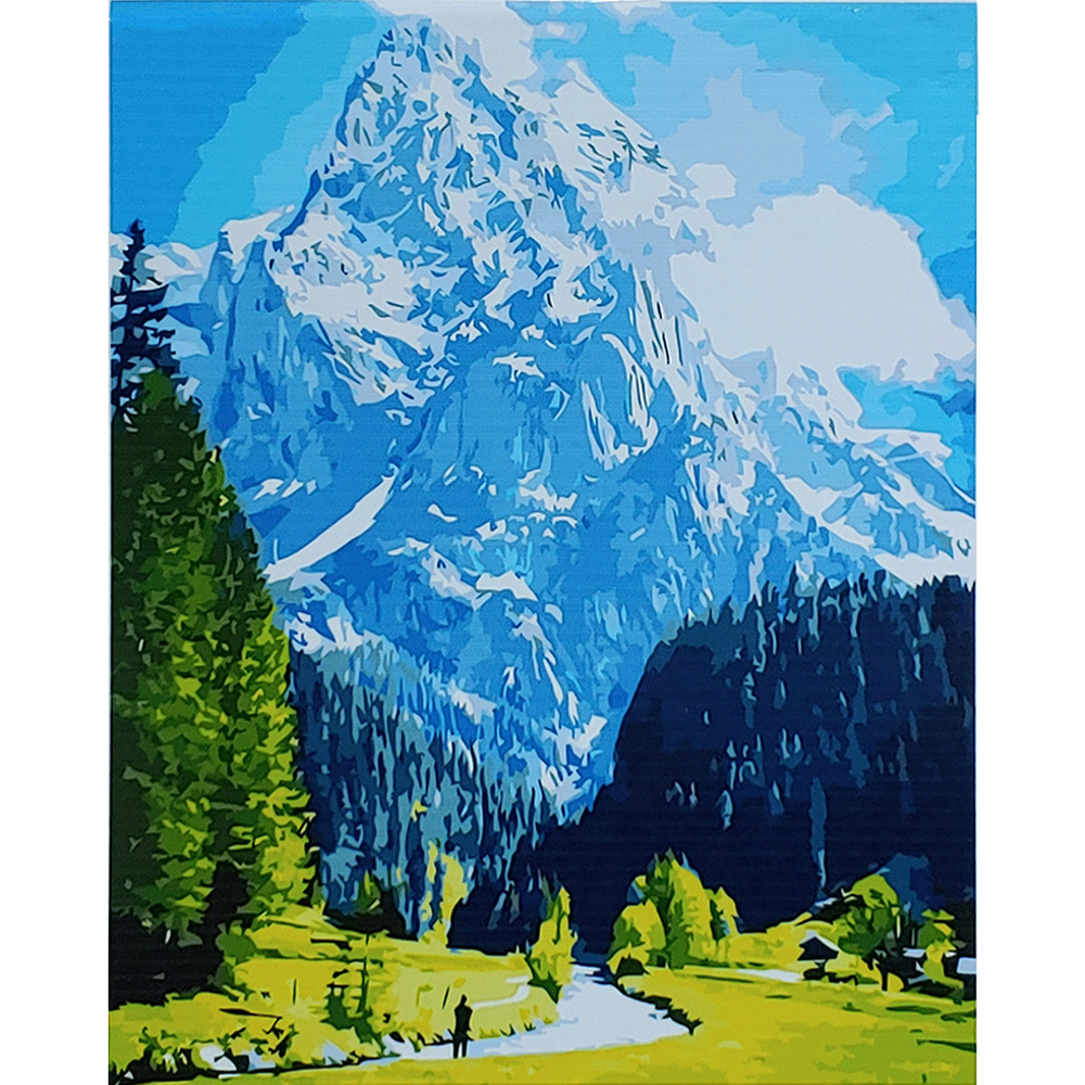 Картина за номерами Strateg ПРЕМІУМ Блакитні гори та зелене поле розміром 40х50 см (GS105)