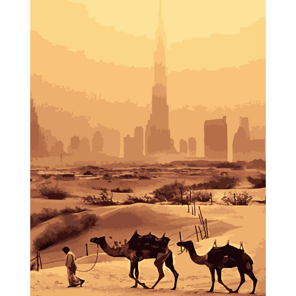 Paint by numbers Strateg PREMIUM  Camels in front of Dubai. size 40x50 cm  (DY069)