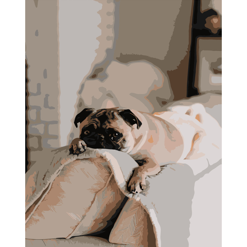 Paint by numbers Strateg PREMIUM Pug on vacation size 40x50 cm (DY099)