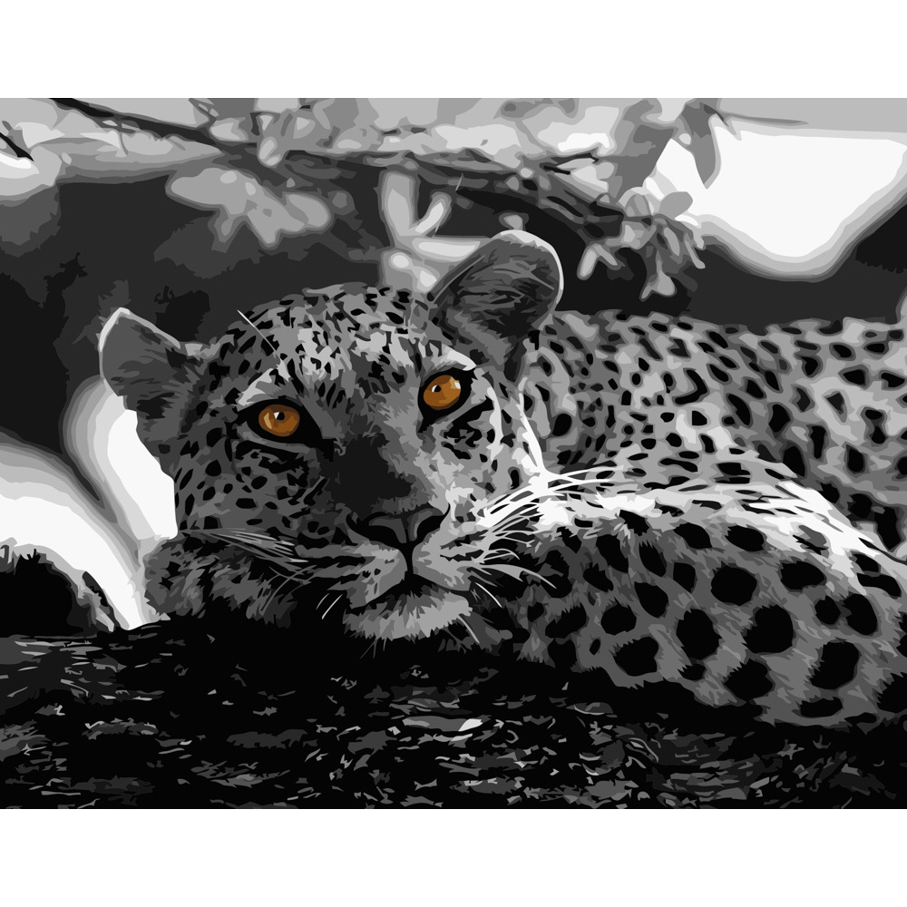 Картина за номерами Strateg ПРЕМІУМ Чорно-білий леопард розміром 40х50 см (GS051)