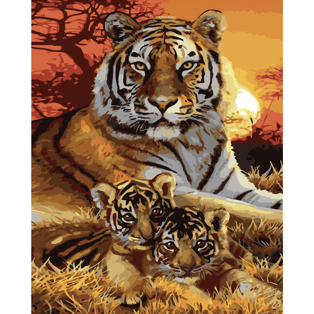 Картина за номерами Strateg ПРЕМІУМ Тигриця зі своїми дітьми розміром 40х50 см (GS153)