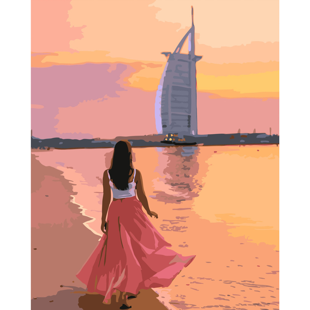 Paint by number Strateg PREMIUM Walking along the shore in Dubai size 40x50 cm (GS192)