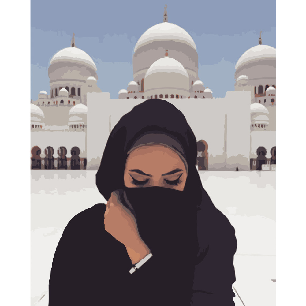 Картина за номерами Strateg ПРЕМІУМ Дівчина біля Мечеті розміром 40х50 см (GS216)