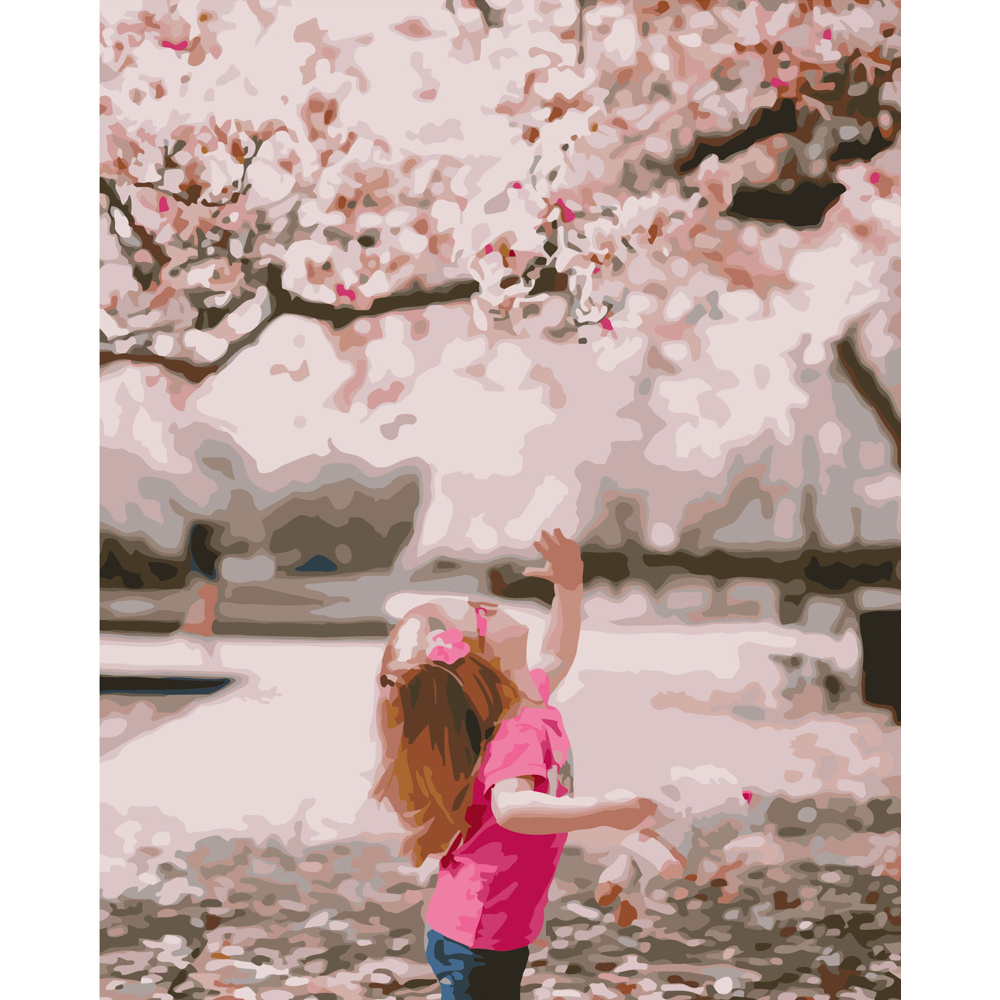 Картина за номерами Strateg ПРЕМІУМ Дівчинка у квітах сакури розміром 40х50 см (GS229)