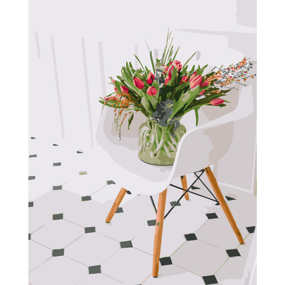 Картина за номерами Strateg ПРЕМІУМ Букет тюльпанів на стільці розміром 40х50 см (GS271)