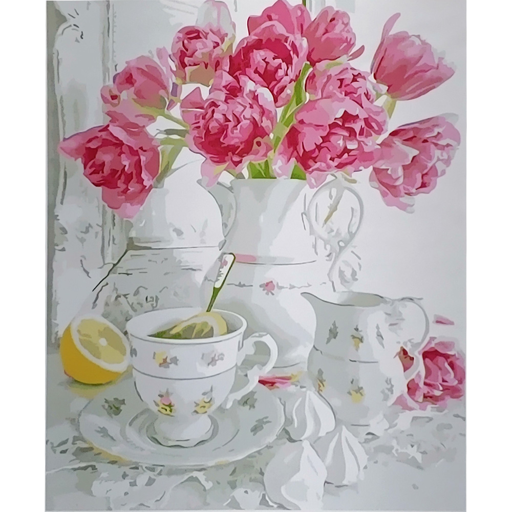 Картина за номерами Strateg ПРЕМІУМ Чай, лимон та квіти з лаком та рівнем розміром 40х50 см (SY6646)