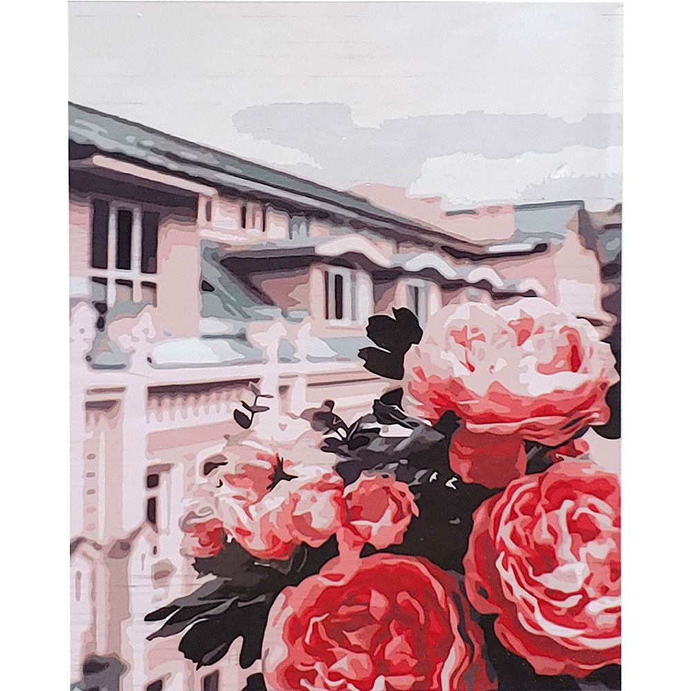 Картина за номерами Strateg ПРЕМІУМ Троянди на даху з лаком та рівнем розміром 40х50 см (SY6647)