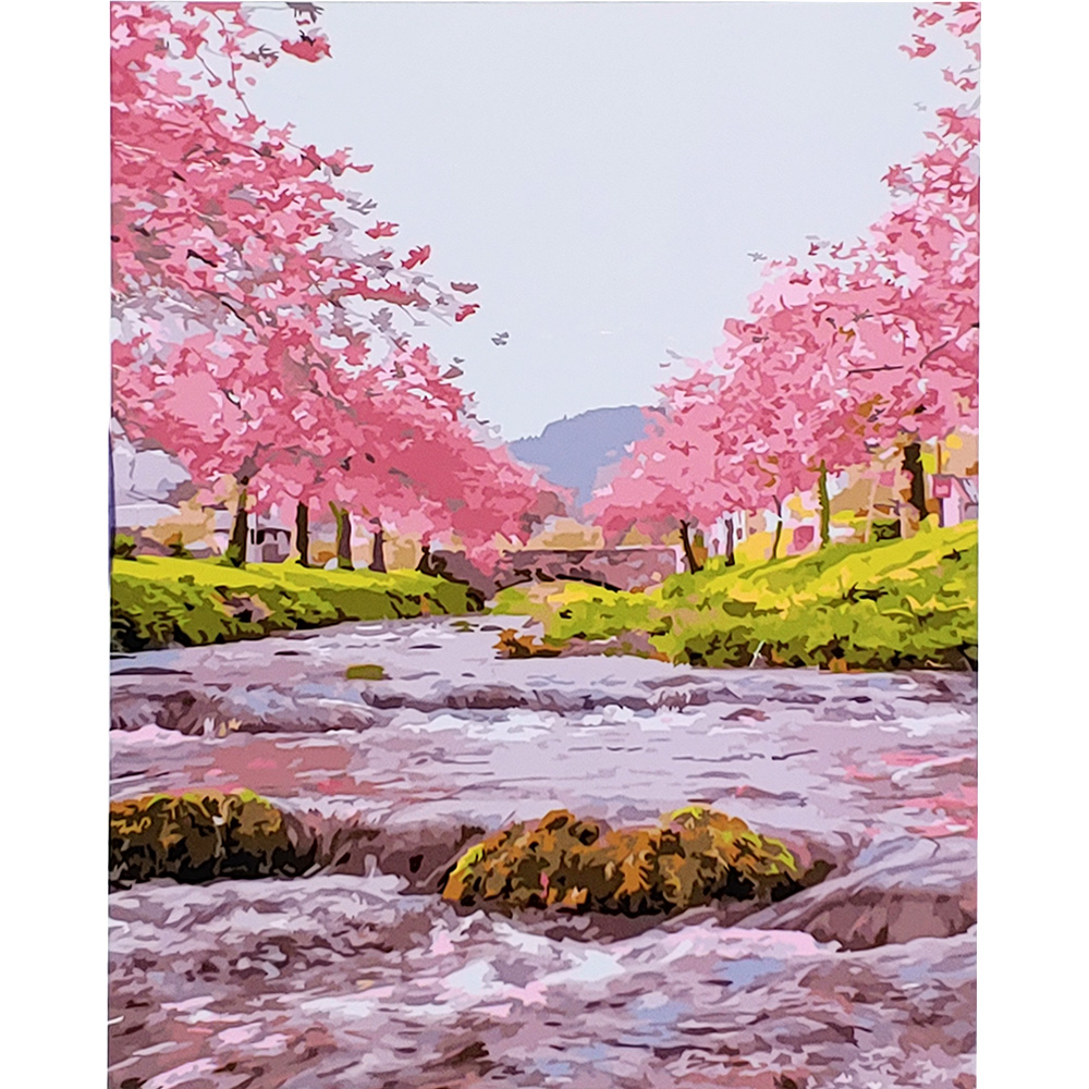 Картина за номерами Strateg ПРЕМІУМ Сакура біля води з лаком розміром 40х50 см (SY6659)