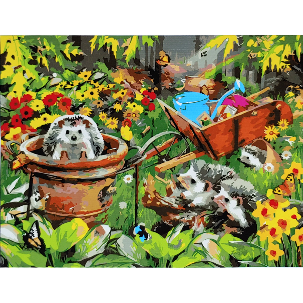 Картина за номерами Strateg ПРЕМІУМ Їжачки в саду з лаком розміром 40х50 см (SY6713)