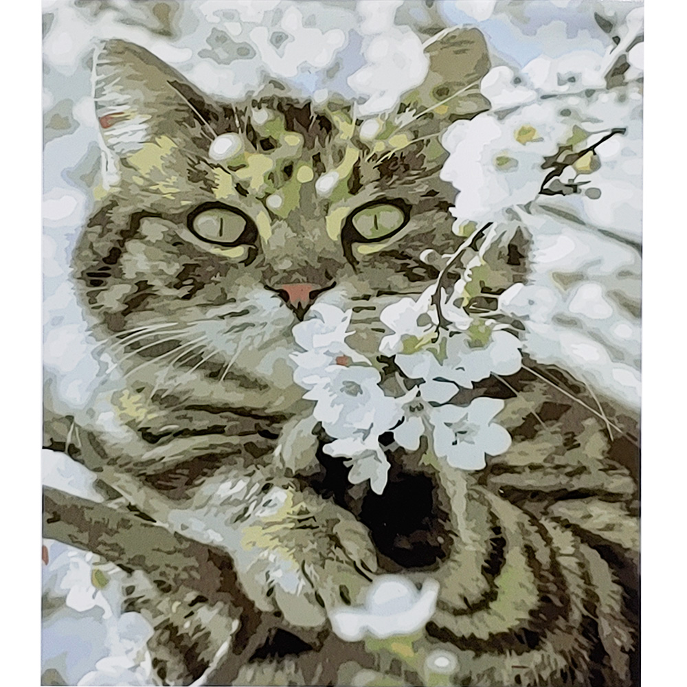 Malen nach Zahlen Strateg PREMIUM Katze in Baumblüte mit Lack Größe 30x40 cm (SS-6536)