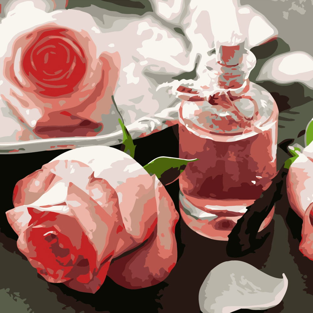 Картина за номерами Strateg ПРЕМІУМ Баночка трояндової води розміром 40х40 см (SK019)