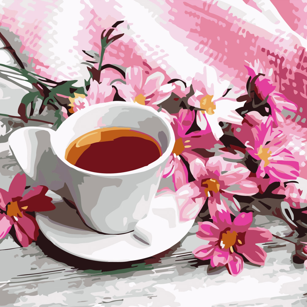 Картина за номерами Strateg ПРЕМІУМ Чашка чаю з квітами розміром 40х40 см (SK020)