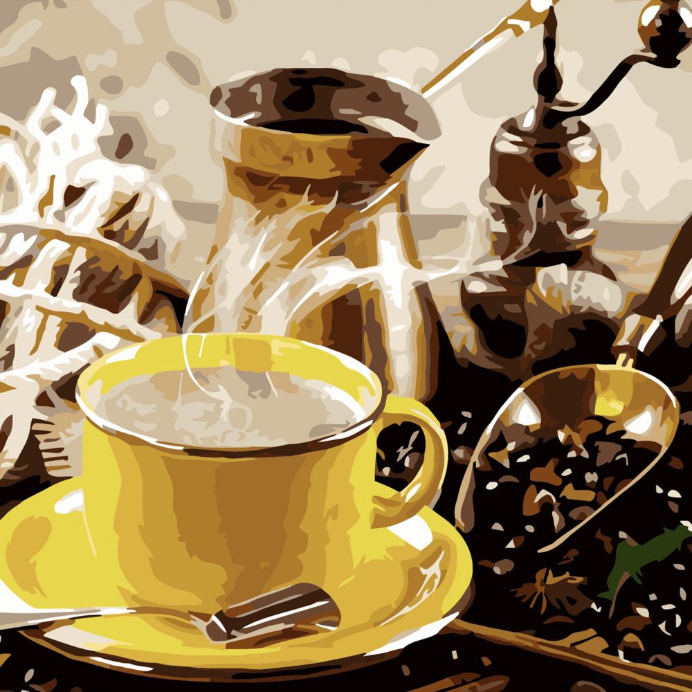 Картина за номерами Strateg ПРЕМІУМ Жовта чашка кави розміром 40х40 см (SK041)