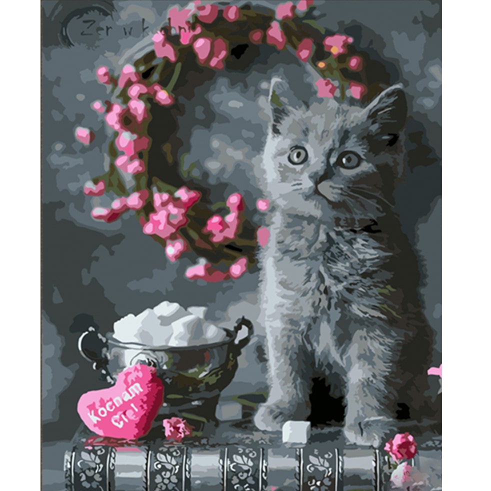 Картина за номерами Strateg ПРЕМІУМ котик з квітковим вінком розміром 40х50 см (HH007)