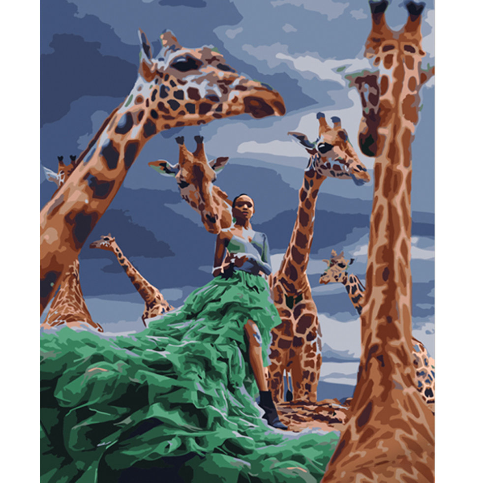Paint by numbers Strateg PREMIUM A girl among giraffes size 40x50 cm (HH015)