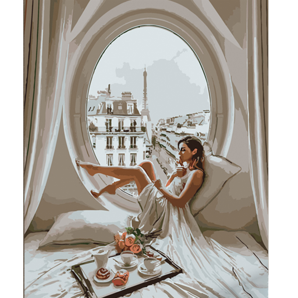 Картина за номерами Strateg ПРЕМІУМ Сніданок на фоні Парижу розміром 40х50 см (HH054)