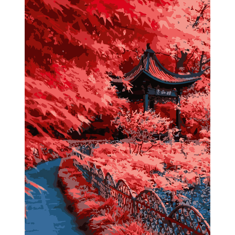 Картина за номерами Strateg ПРЕМІУМ Червоне листя Японії розміром 40х50 см (DY275)