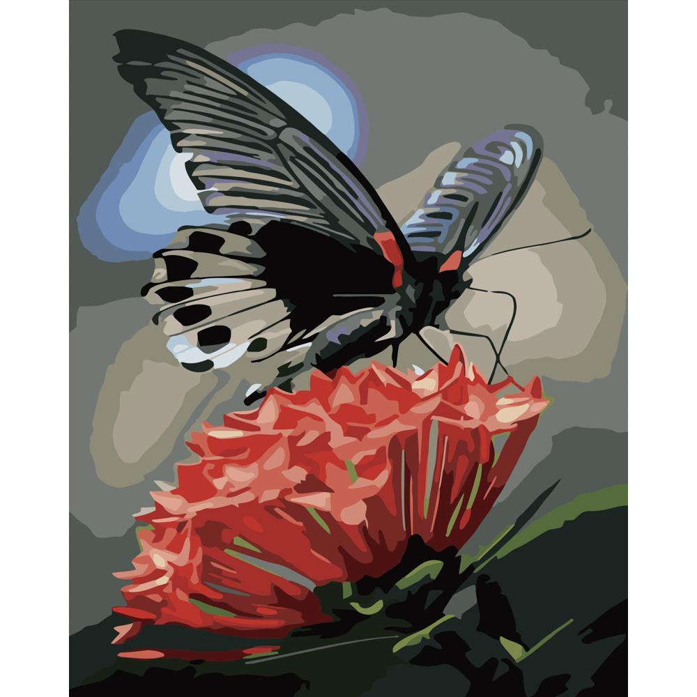 Картина за номерами Strateg ПРЕМІУМ Метелик на червоній квітці розміром 40х50 см (GS534)