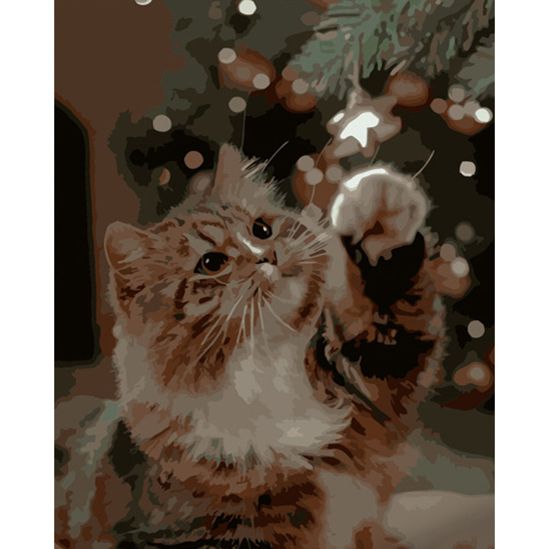 Paint by number Strateg PREMIUM A cat with a Christmas tree size 40x50 cm (GS688)
