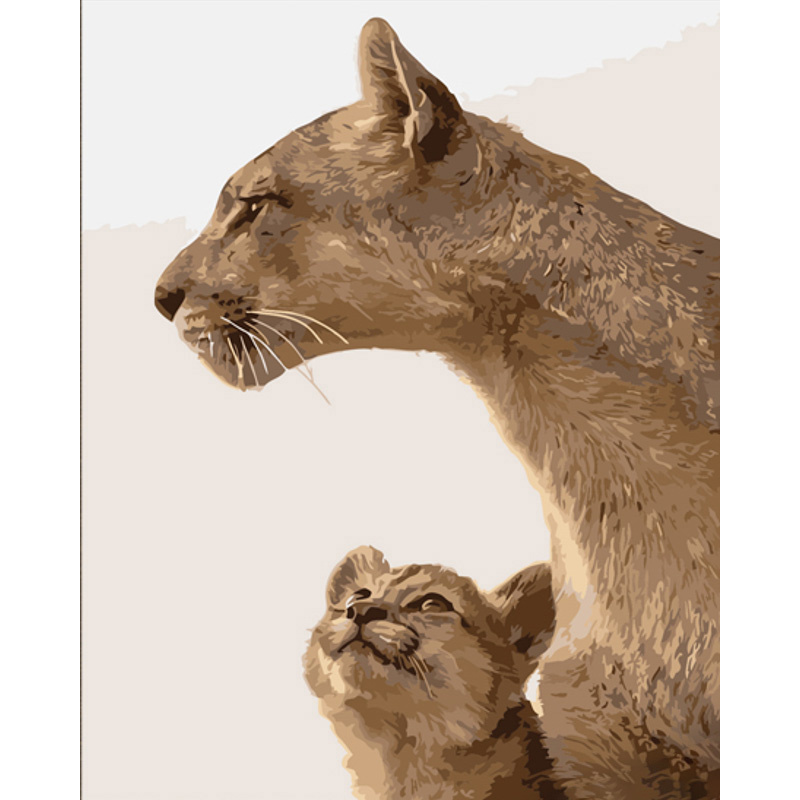 Картина за номерами Strateg ПРЕМІУМ Мати левиця з дитинчам з лаком розміром 40х50 см (DY402)