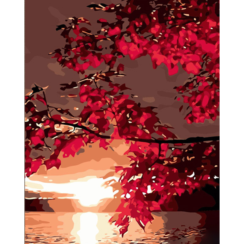 Картина за номерами Strateg ПРЕМІУМ Багряний захід сонця з лаком та з рівнем розміром 40х50 см (DY427)