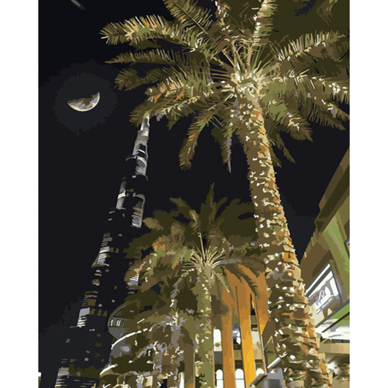 Картина за номерами Strateg ПРЕМІУМ Місяць над Дубаї з лаком розміром 40х50 см (GS789)