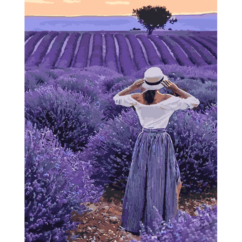 Paint by number Strateg PREMIUM A walk through the lavender field with varnish size 40x50 cm (GS869)