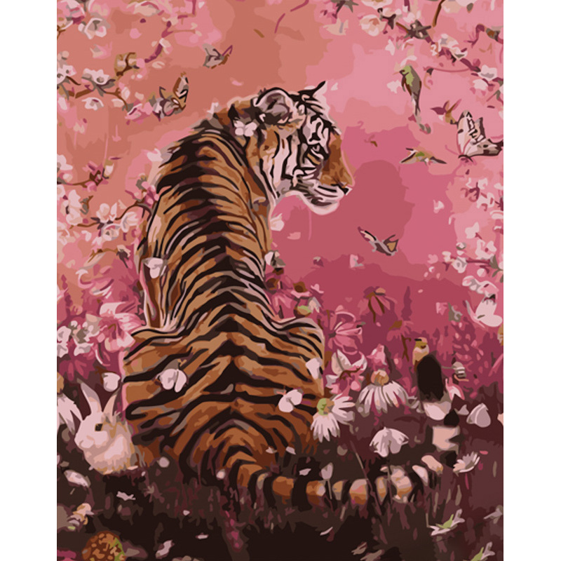 Paint by numbers Strateg PREMIUM Tiger on a pink background size 40x50 cm (GS918)