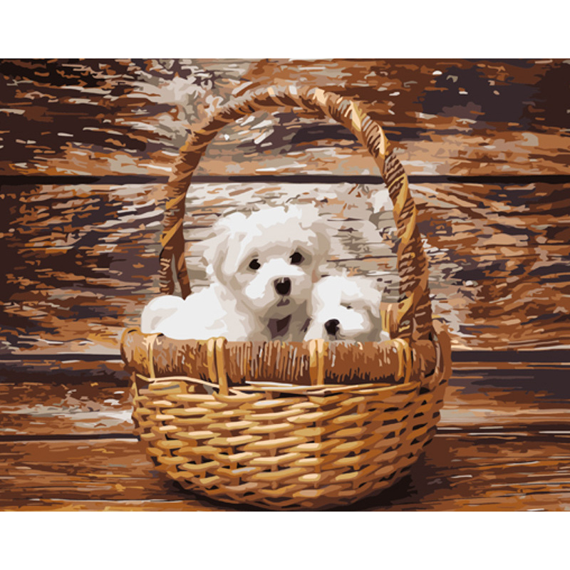 Paint by numbers Strateg PREMIUM Puppies in a basket size 40x50 cm (GS927)