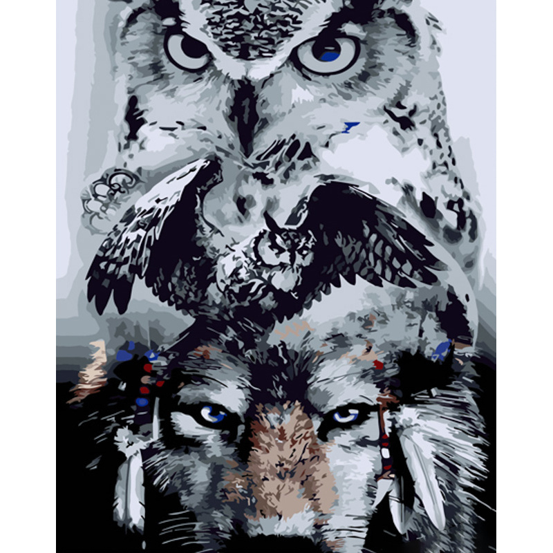 Картина по номерам Strateg ПРЕМИУМ Волк и совы размером 40х50 см (GS930)