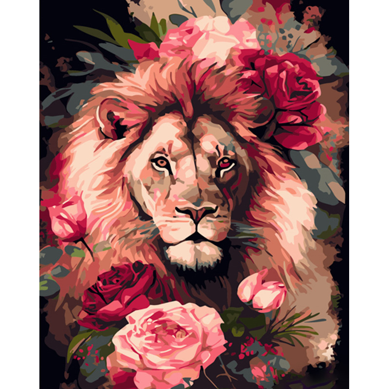 Paint by numbers Strateg PREMIUM Lion in roses size 40x50 cm (GS959)