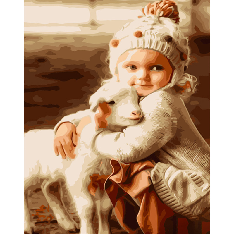 Картина за номерами Strateg ПРЕМІУМ Дівчинка та козеня розміром 40х50 см (GS974)