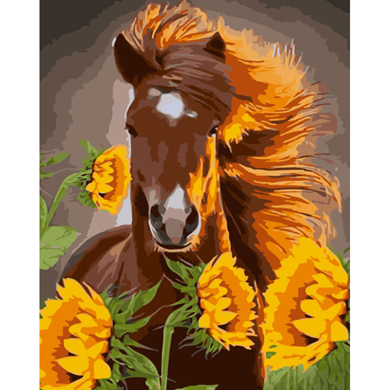 Paint by numbers Strateg PREMIUM A horse among sunflowers size 40x50 cm (GS975)