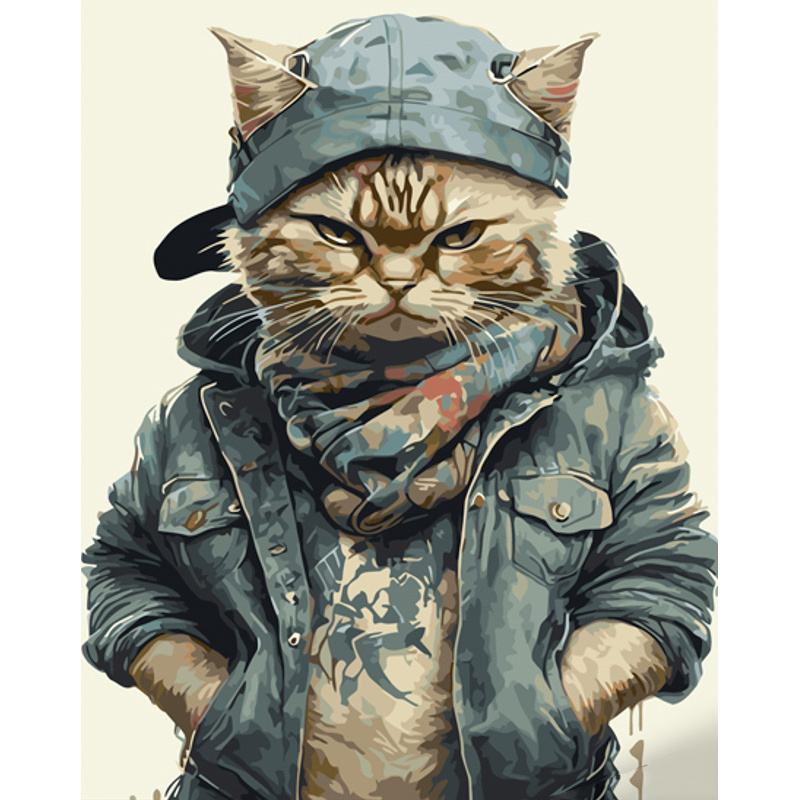 Картина за номерами Strateg ПРЕМІУМ Кіт у джинсовці розміром 40х50 см (GS979)