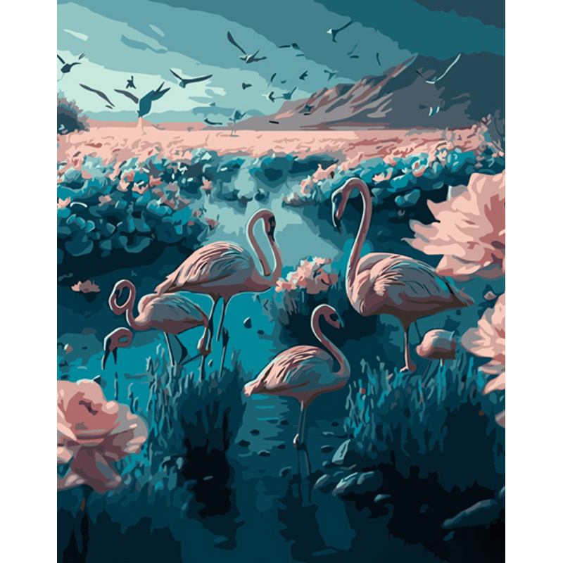 Malen nach Zahlen Strateg PREMIUM Rosa Flamingo mit Lack und Wasserwaage 40x50 cm (GS981)