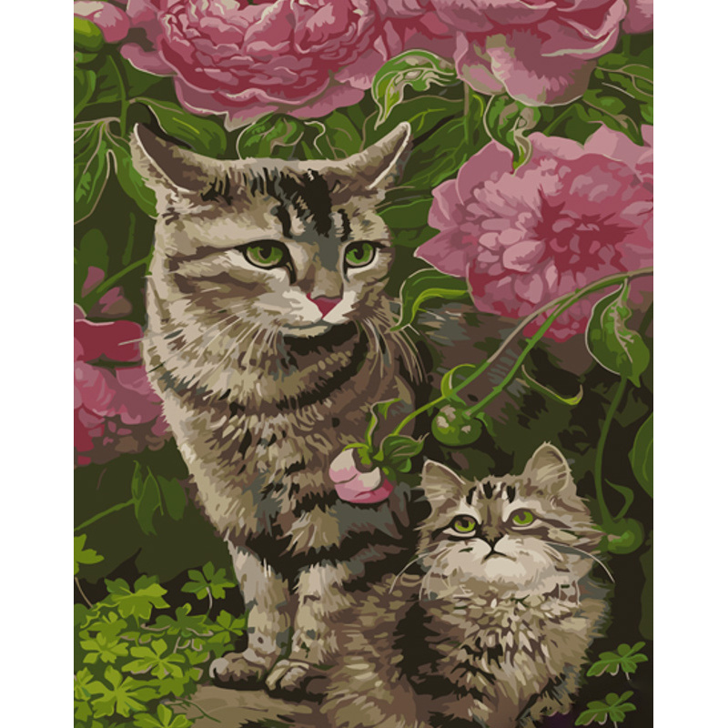 Картина по номерам Strateg ПРЕМИУМ Кошки в цветах размером 40х50 см (GS997)