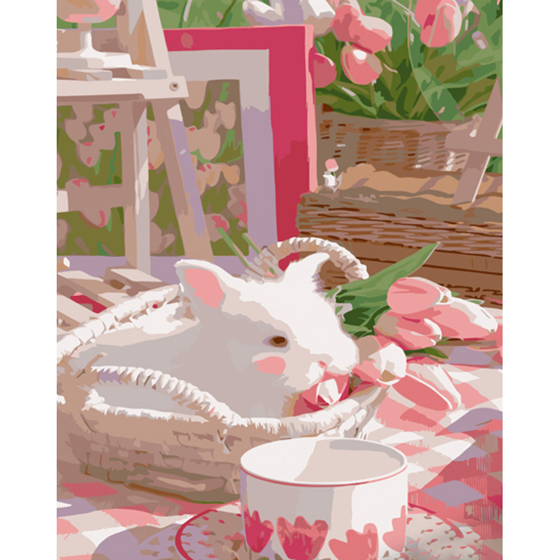 Paint by numbers Strateg PREMIUM Rabbit in a basket size 40x50 cm (GS1007)