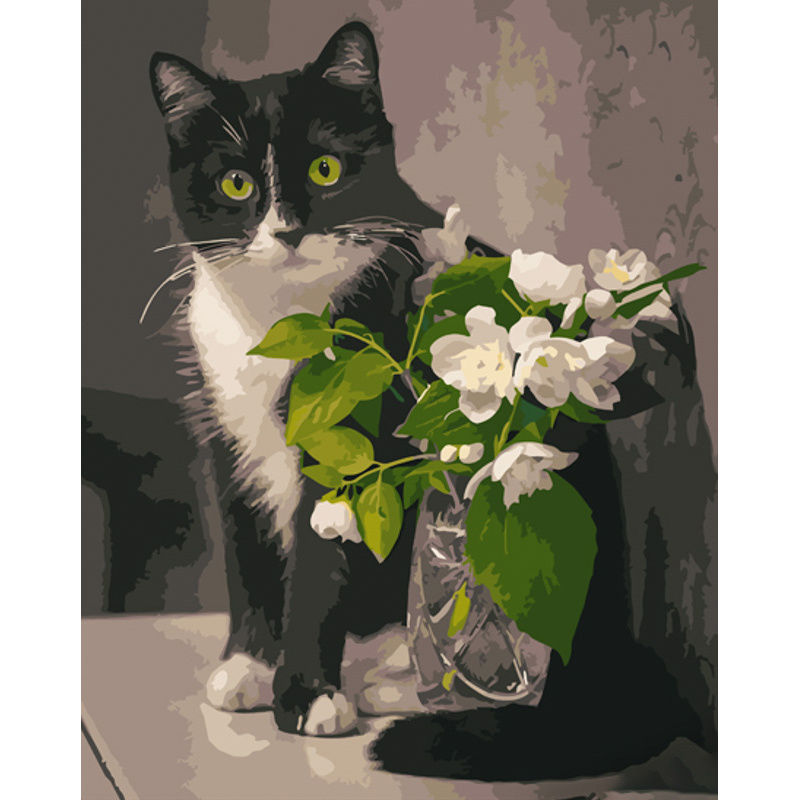 Картина за номерами Strateg ПРЕМІУМ Кіт з квітами розміром 40х50 см (GS1021)