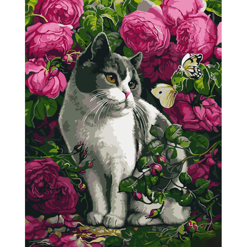 Paint by numbers Strateg PREMIUM Roses and a cat size 40x50 cm (GS1038)