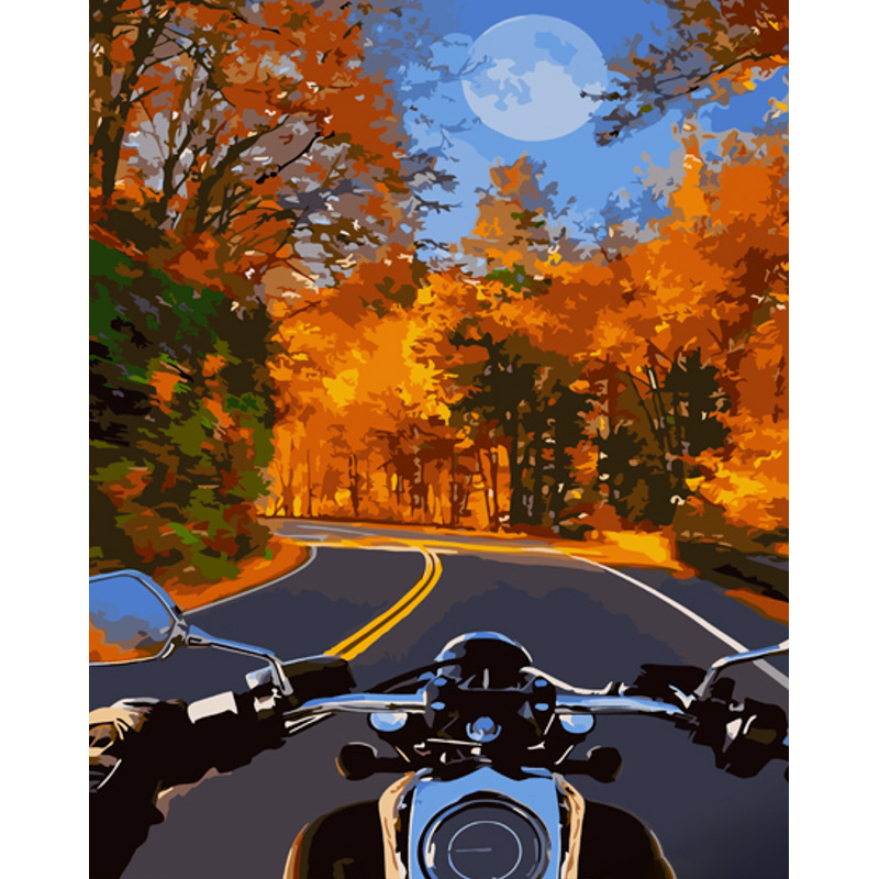 Картина за номерами Strateg ПРЕМІУМ На мотоциклі восени розміром 40х50 см (GS1041)