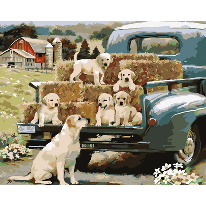 Картина за номерами Strateg ПРЕМІУМ Собача сім'я на фермі з лаком розміром 40х50 см (GS1042)