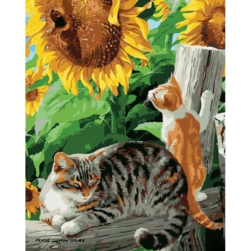 Paint by numbers Strateg PREMIUM Cats under sunflowers size 40x50 cm (GS1053)