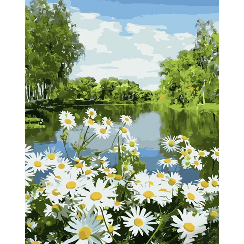 Картина за номерами Strateg ПРЕМІУМ Ромашки на березі річки розміром 40х50 см (GS1074)