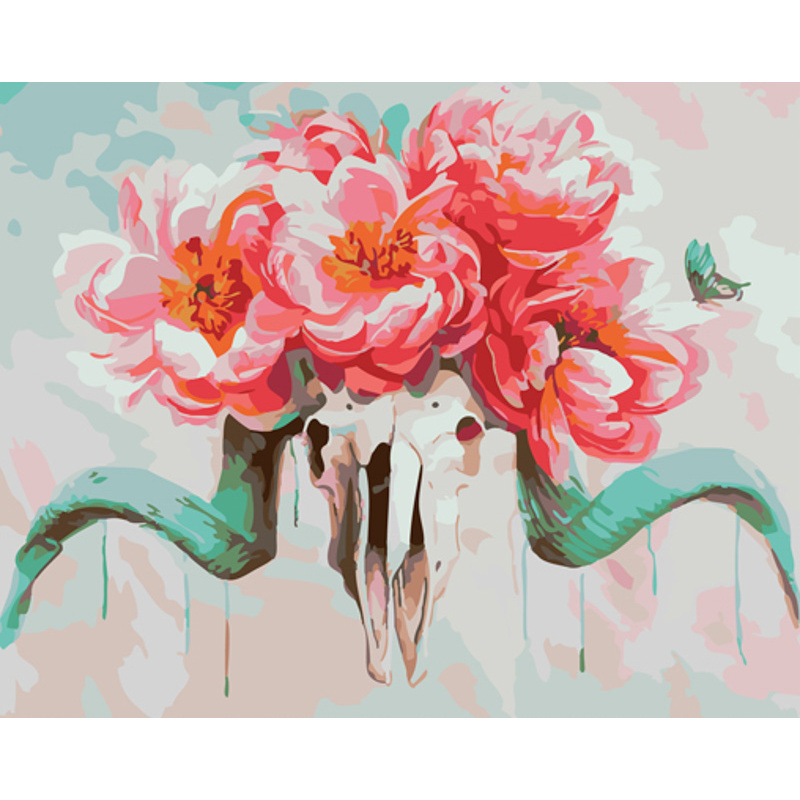 Картина за номерами Strateg ПРЕМІУМ Череп з квітами з лаком розміром 40х50 см (GS1112)