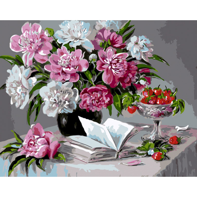 Paint by number Strateg PREMIUM Peonies and strawberries size 40x50 cm (GS1127)