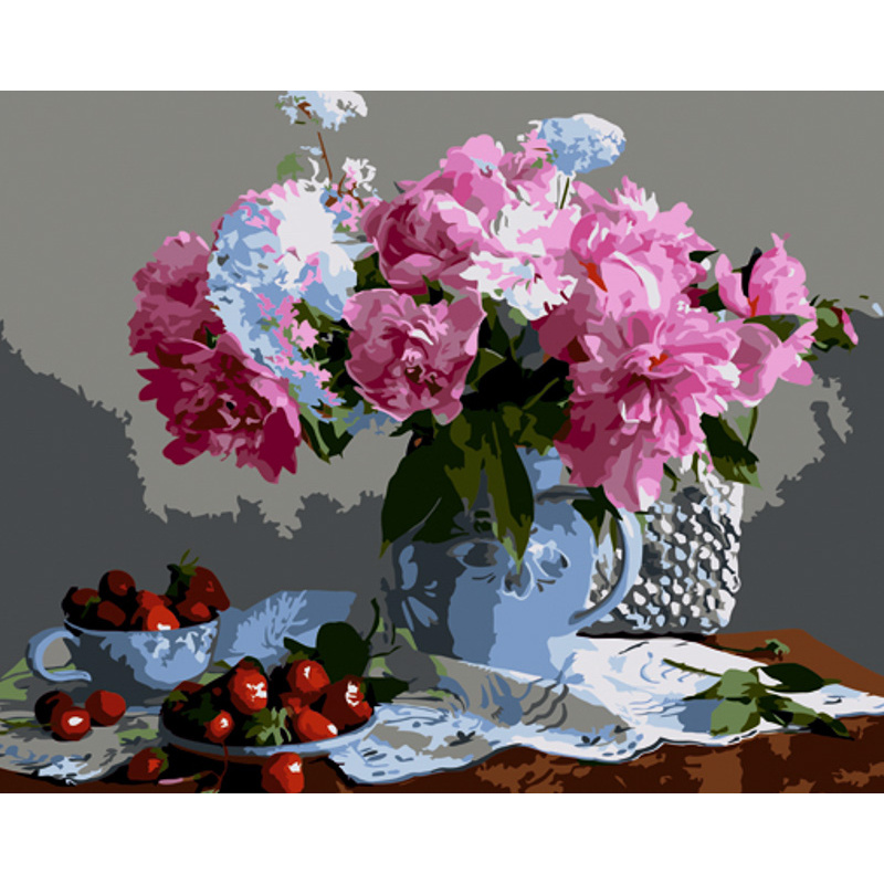 Картина за номерами Strateg ПРЕМІУМ Квіти та полуниця з лаком розміром 40х50 см (GS1128)